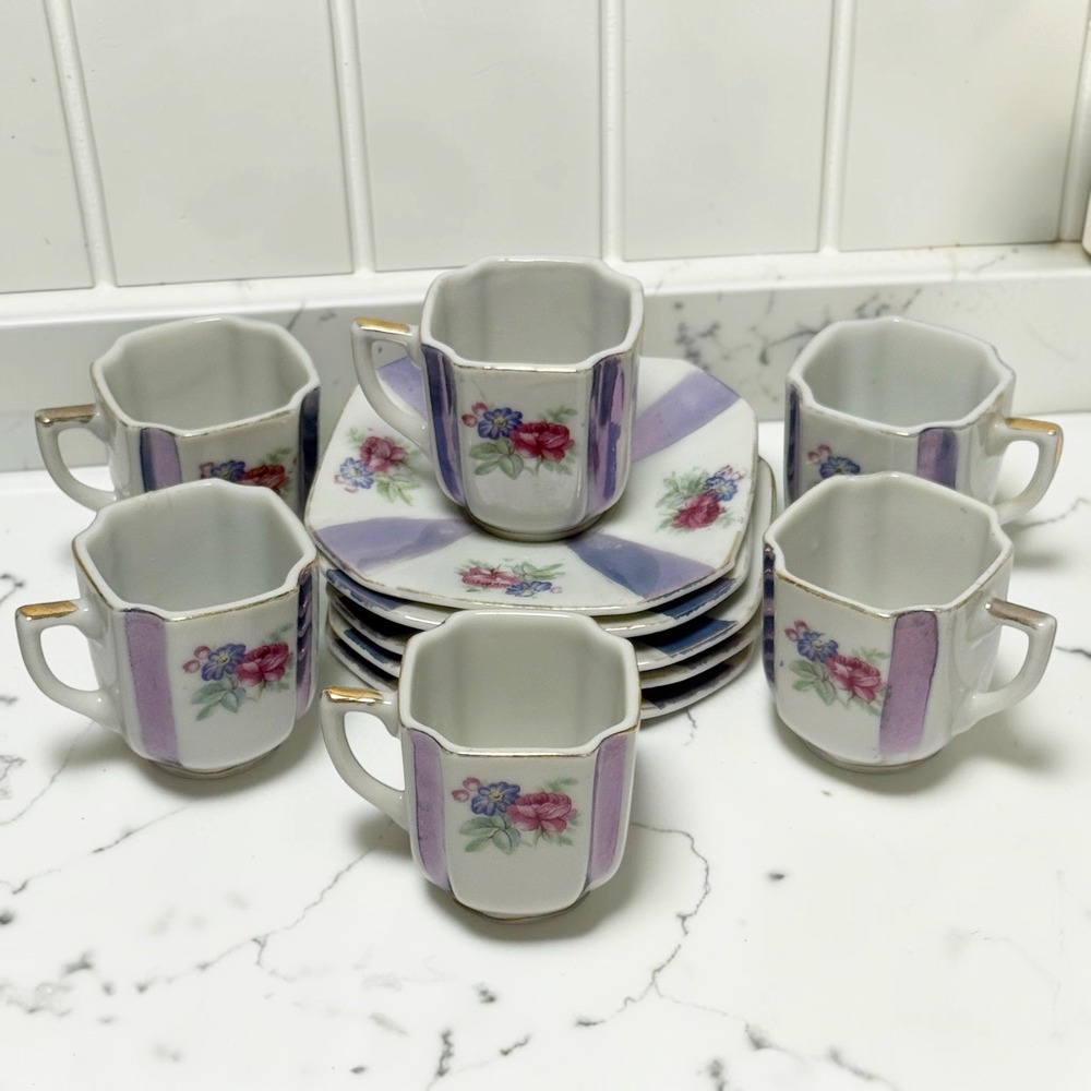 Vintage Porcelain Lusterware Demitasse Espresso Set 6 Cups 5 Saucers Japan